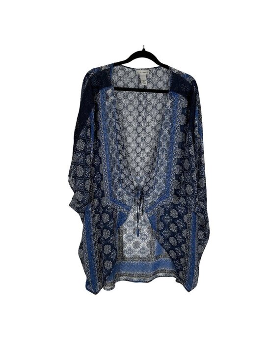 Catherines Tops - Catherines Women 2X/3X Blue Printed Sheer Boho Crochet Trim Tie Front Kimono